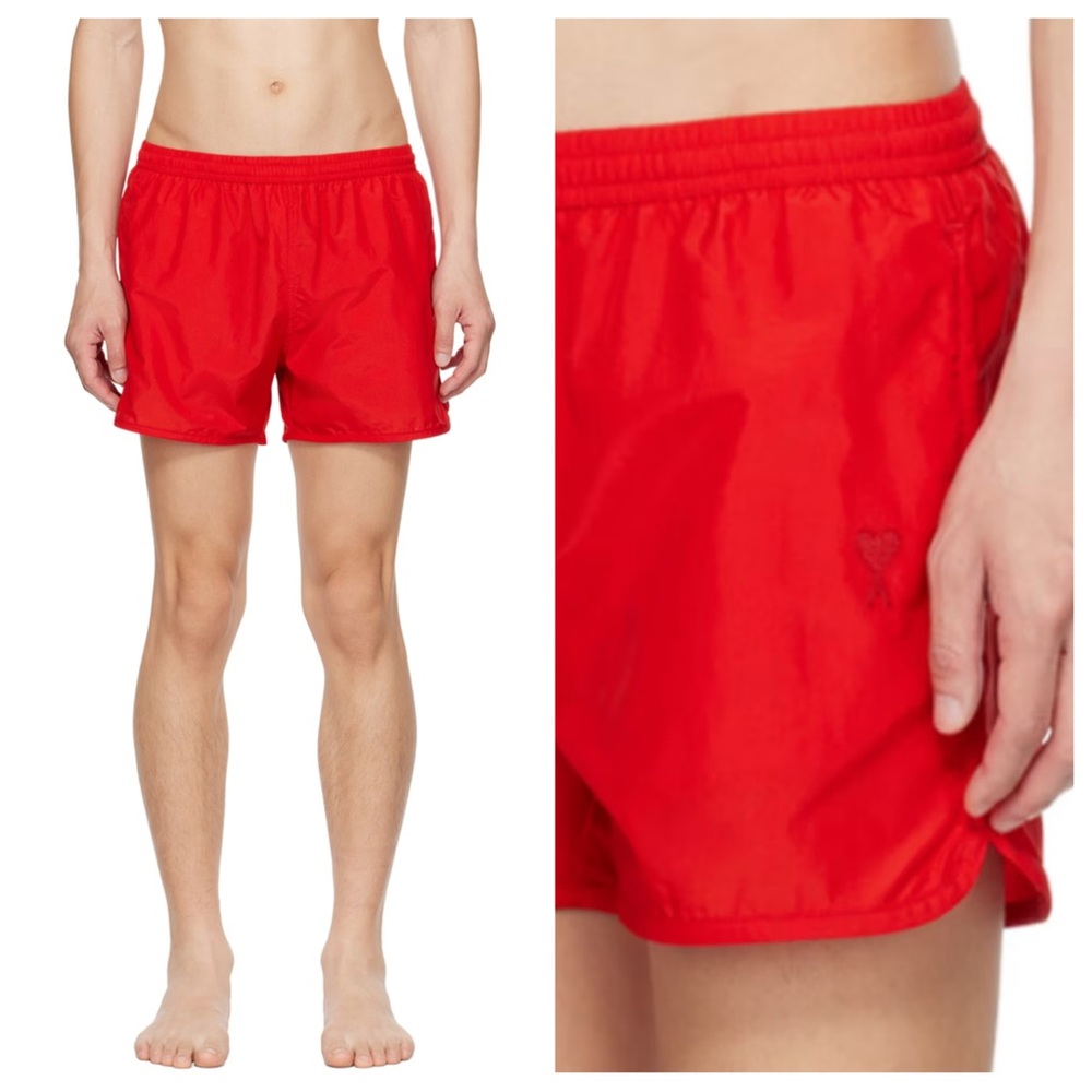 AMI Paris Logo Red Ami de Coeur Swim Trunk Shorts in Rouge Ecarlate Swimsuit